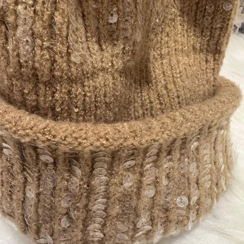 Tan Ribbed Knit Beanie with Sequins